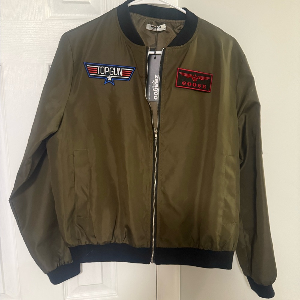 Zeagoo Military Green Bomber Jacket with Patches - TOP GUN
